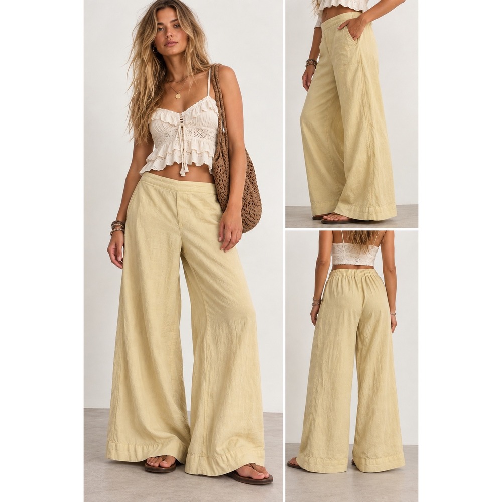 Free People Free-Est Pants XS Yellow Linen Blend Wide Leg Palazzo Beach Boho